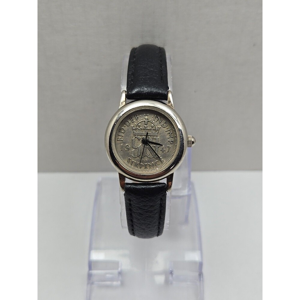 Peers Hardy Sixpence Coin Watch 1964 Womens Black Leather New Battery Vintage UK